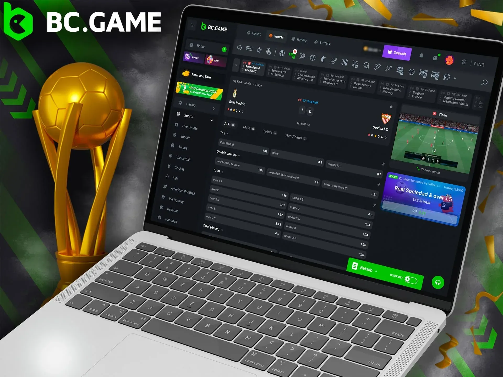 Real-time Football Betting on the BC Game platform.