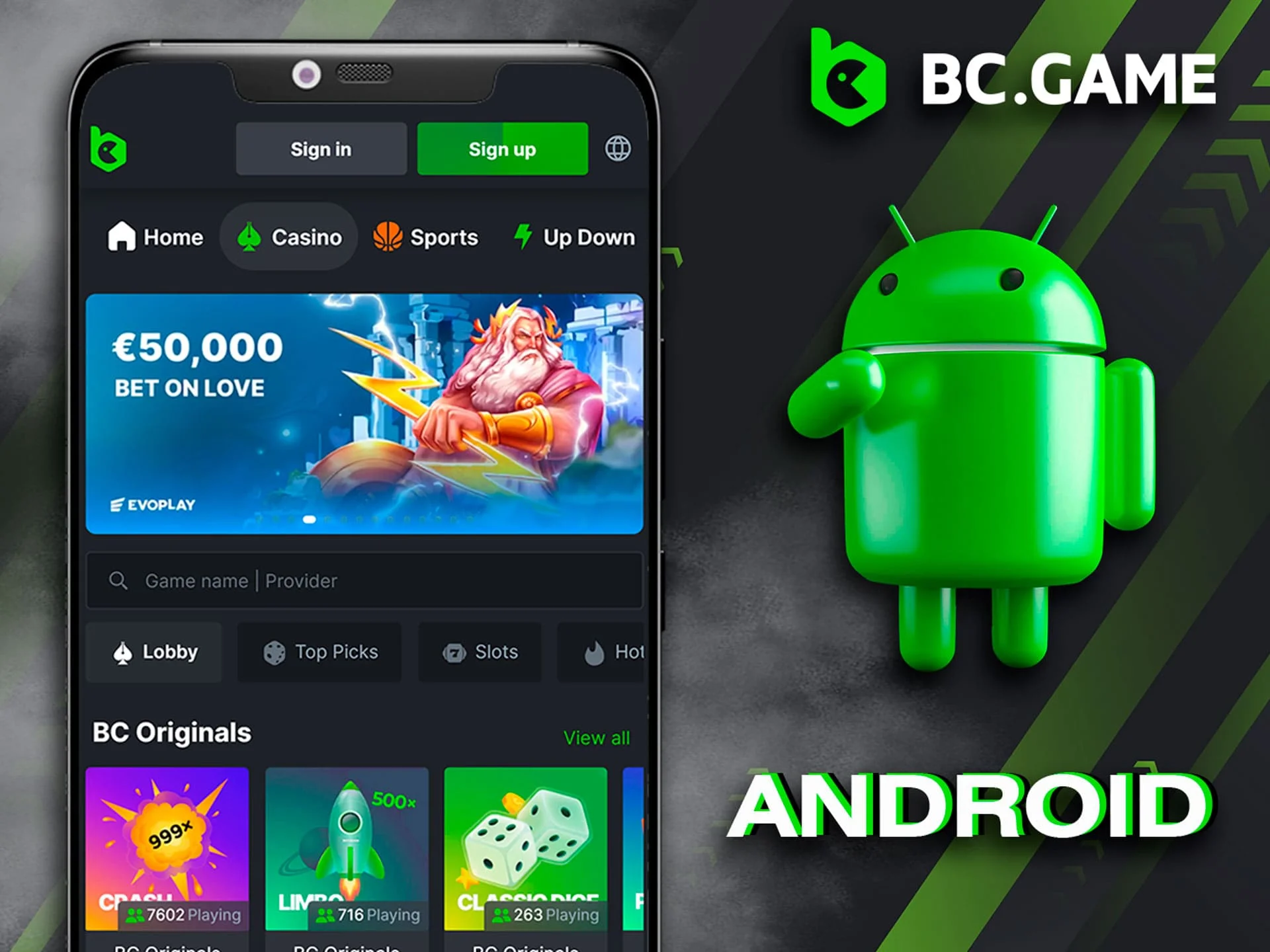 BC Game mobile app for Android users.