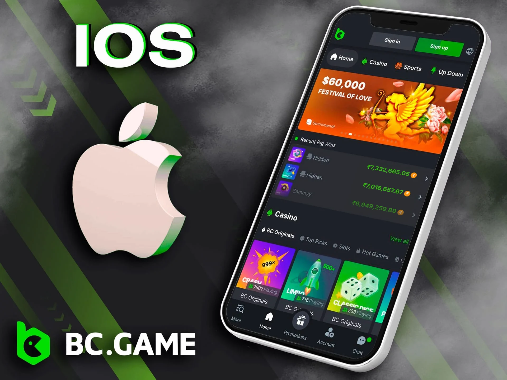 BC Game mobile casino app for iOS.