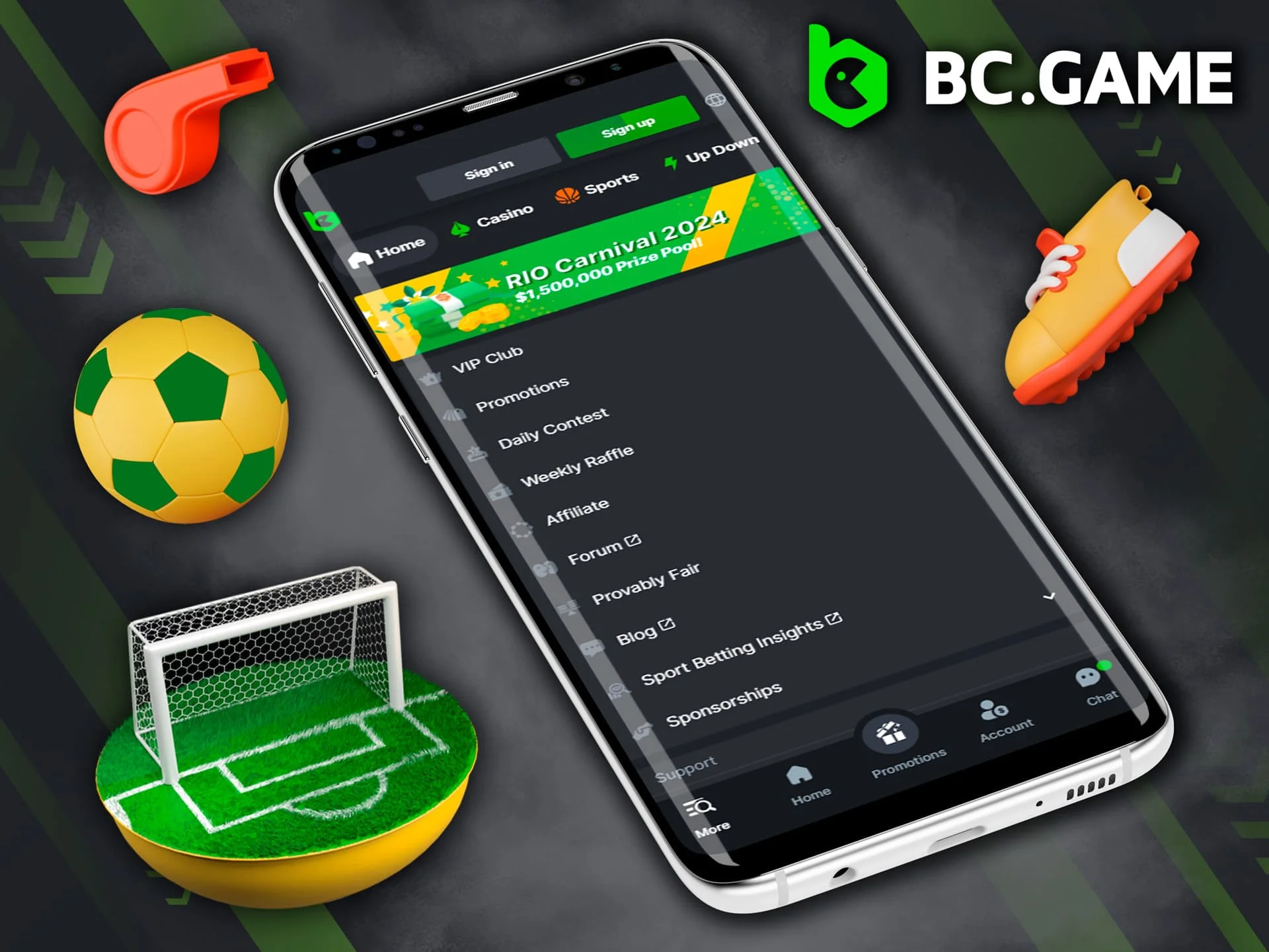 Sports betting options in the BC Game app.