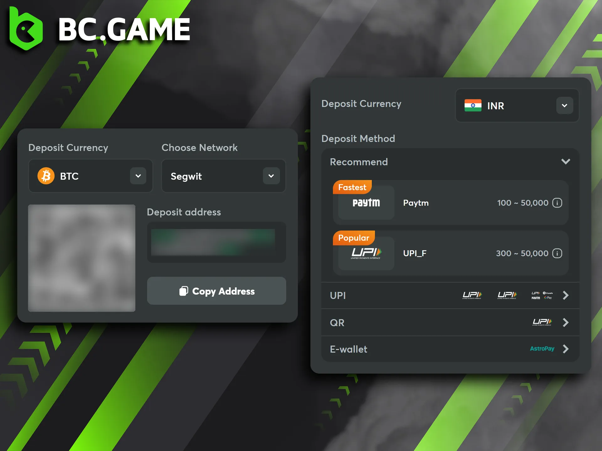 The BC Game mobile app supports all the same payment methods as the desktop version.