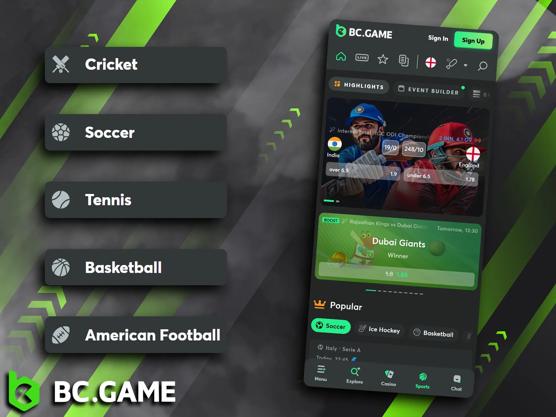 All sports betting markets are available on the BC Game mobile app.