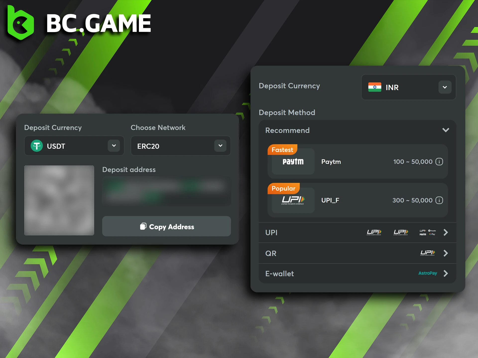 BC Game offers a wide range of payment methods.