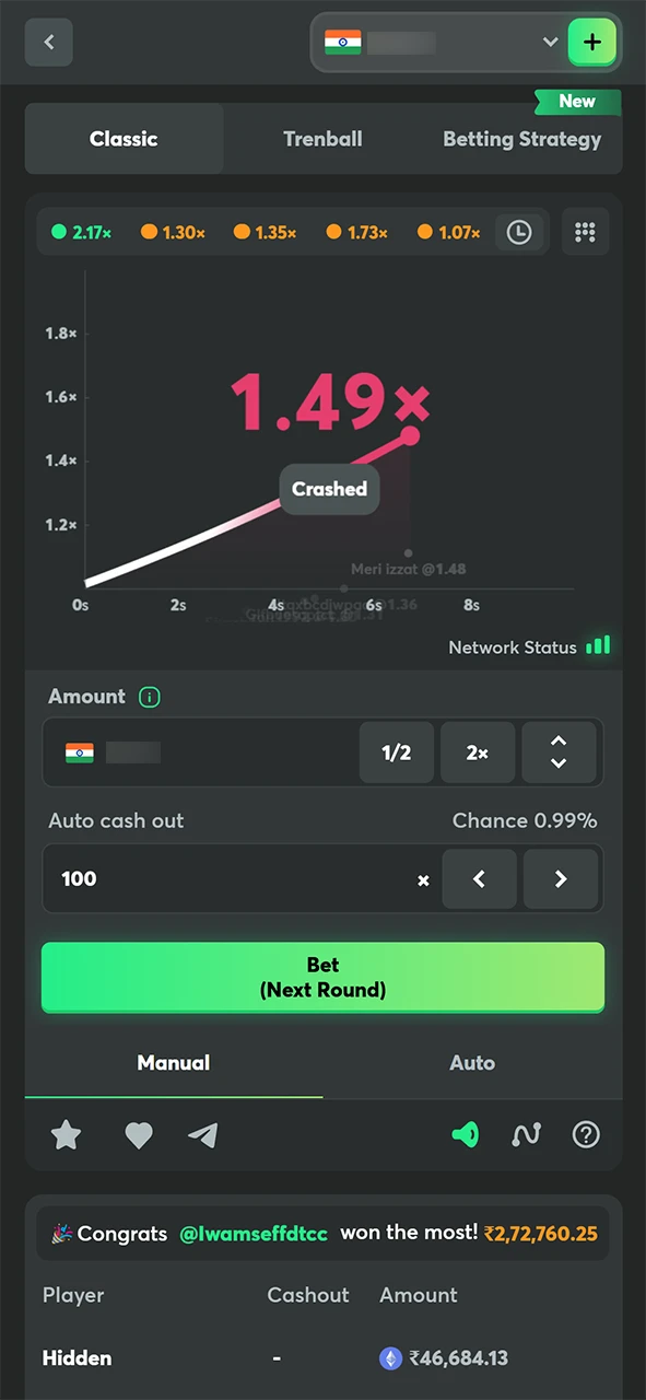 Falling multiplier in Crash by BC Game.