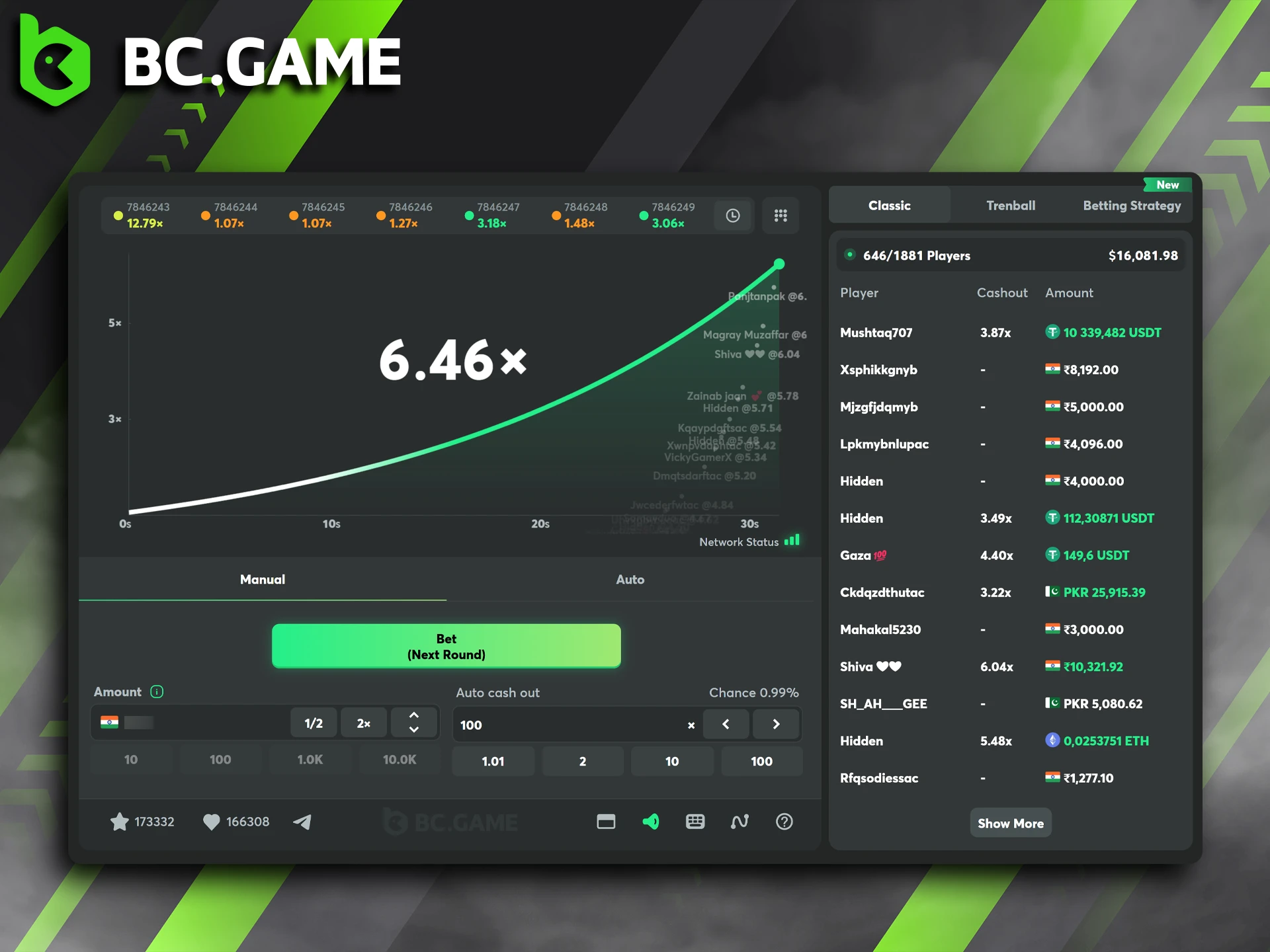 In BC Game's Crash game, players must cash out before the multiplier crashes.