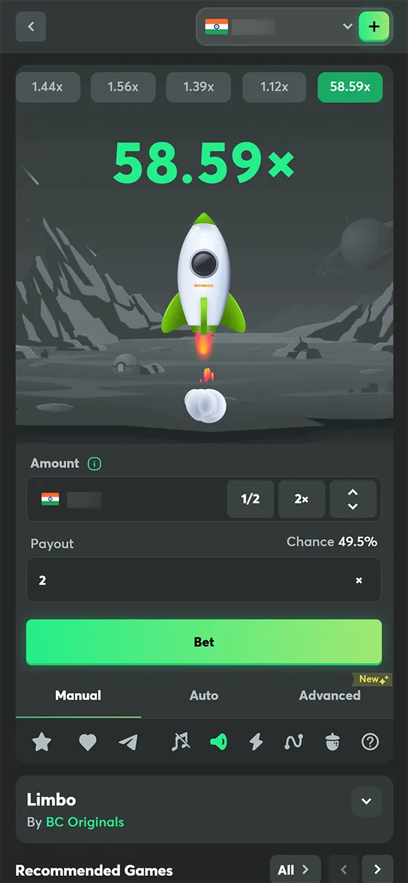 Manual betting mode in Limbo at BC Game.