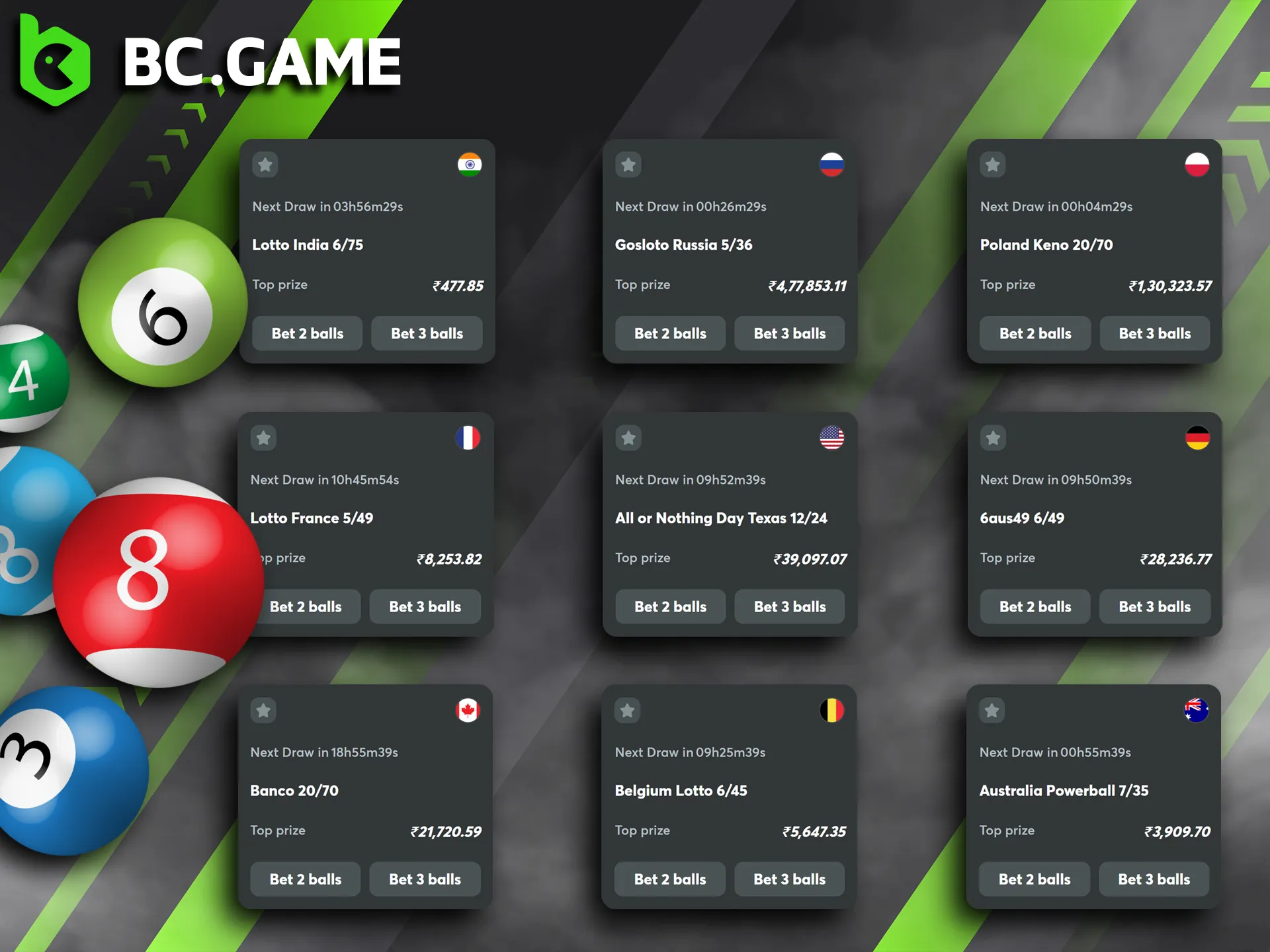 BC Game features lotteries of different formats from different countries.