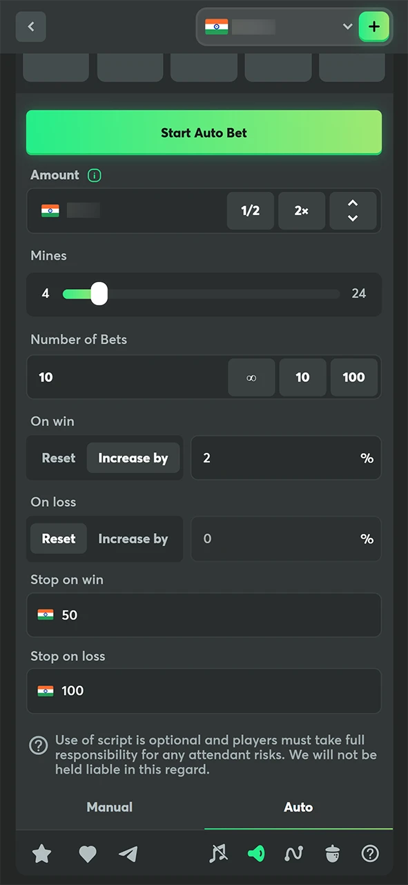 Auto-bet feature in BC Game Mines.