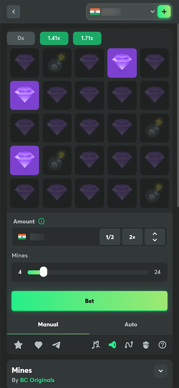 Manual betting mode in Mines by BC Game.