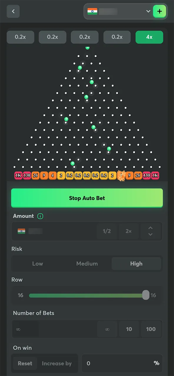 Automatic betting mode in Plinko at BC Game.