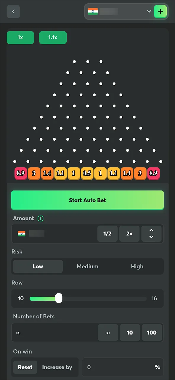 Automatic betting mode settings in Plinko on BC Game.