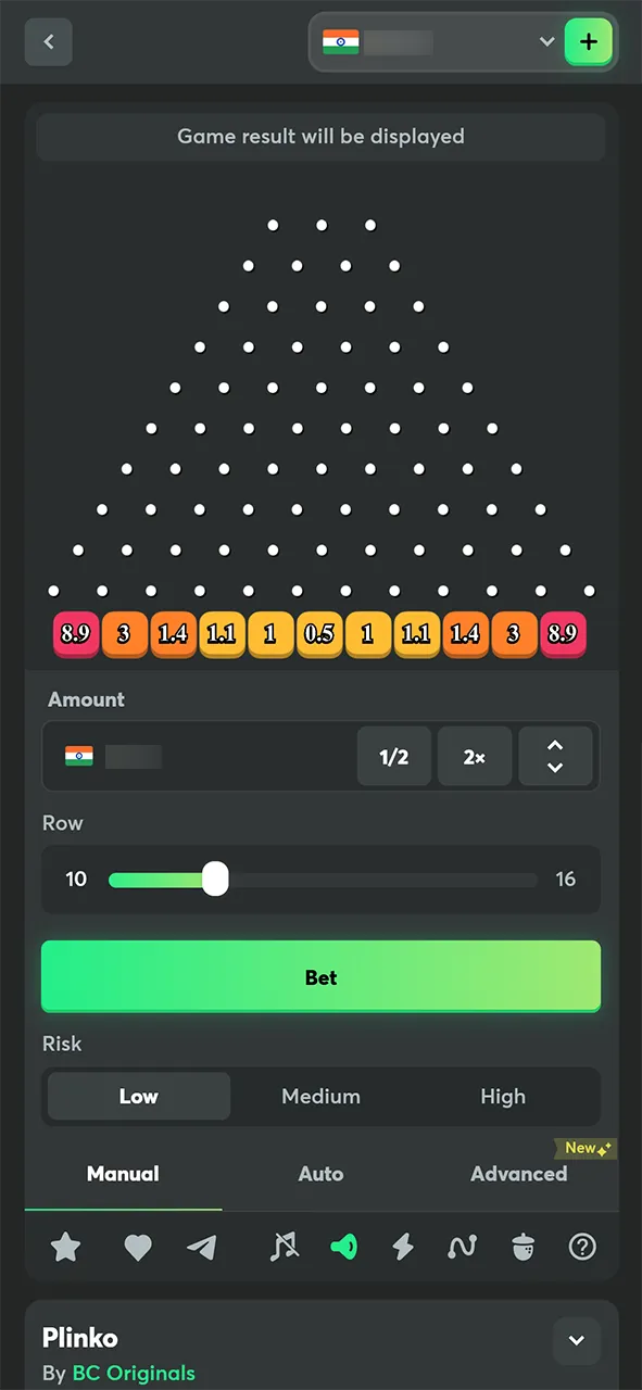 Plinko's main screen at the BC Game.