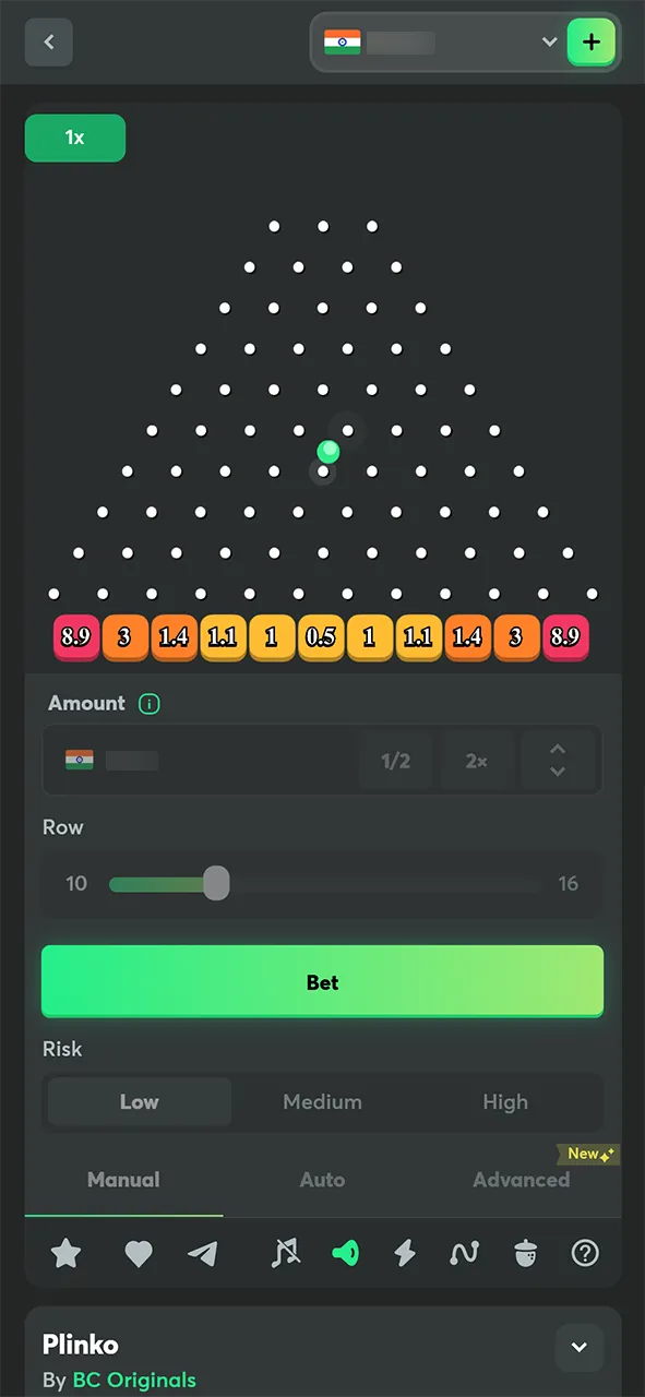 Manual betting mode in Plinko at the BC Game.