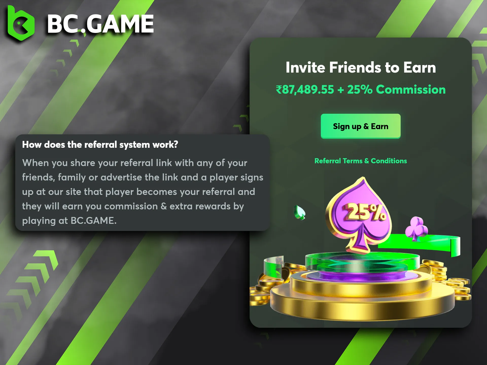 BC Game's referral program lets you earn rewards as your referrals level up and play.