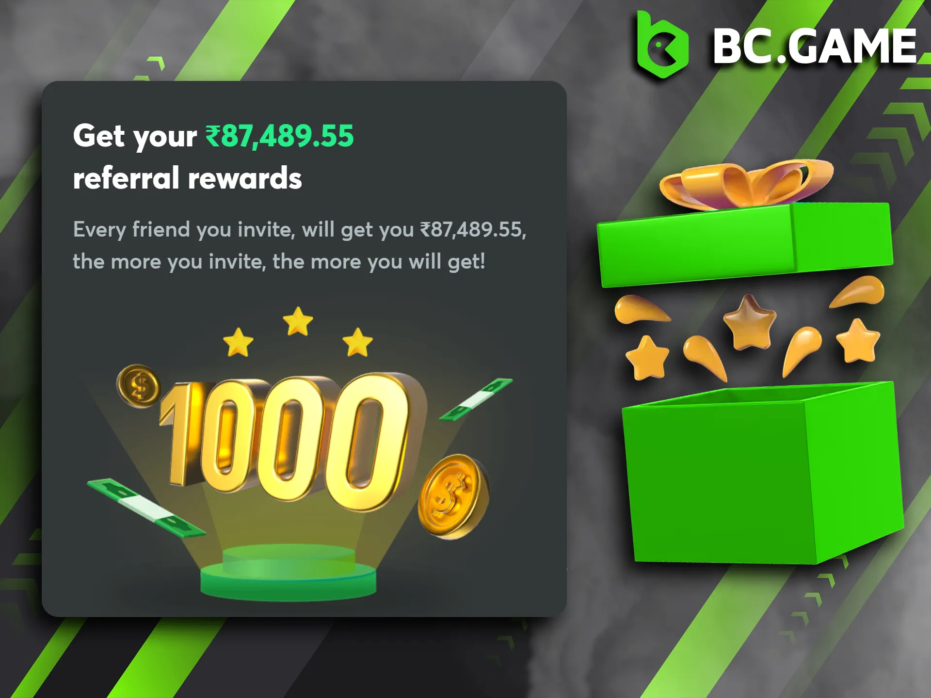 BC Game referral rewards are paid incrementally as your referrals level up.
