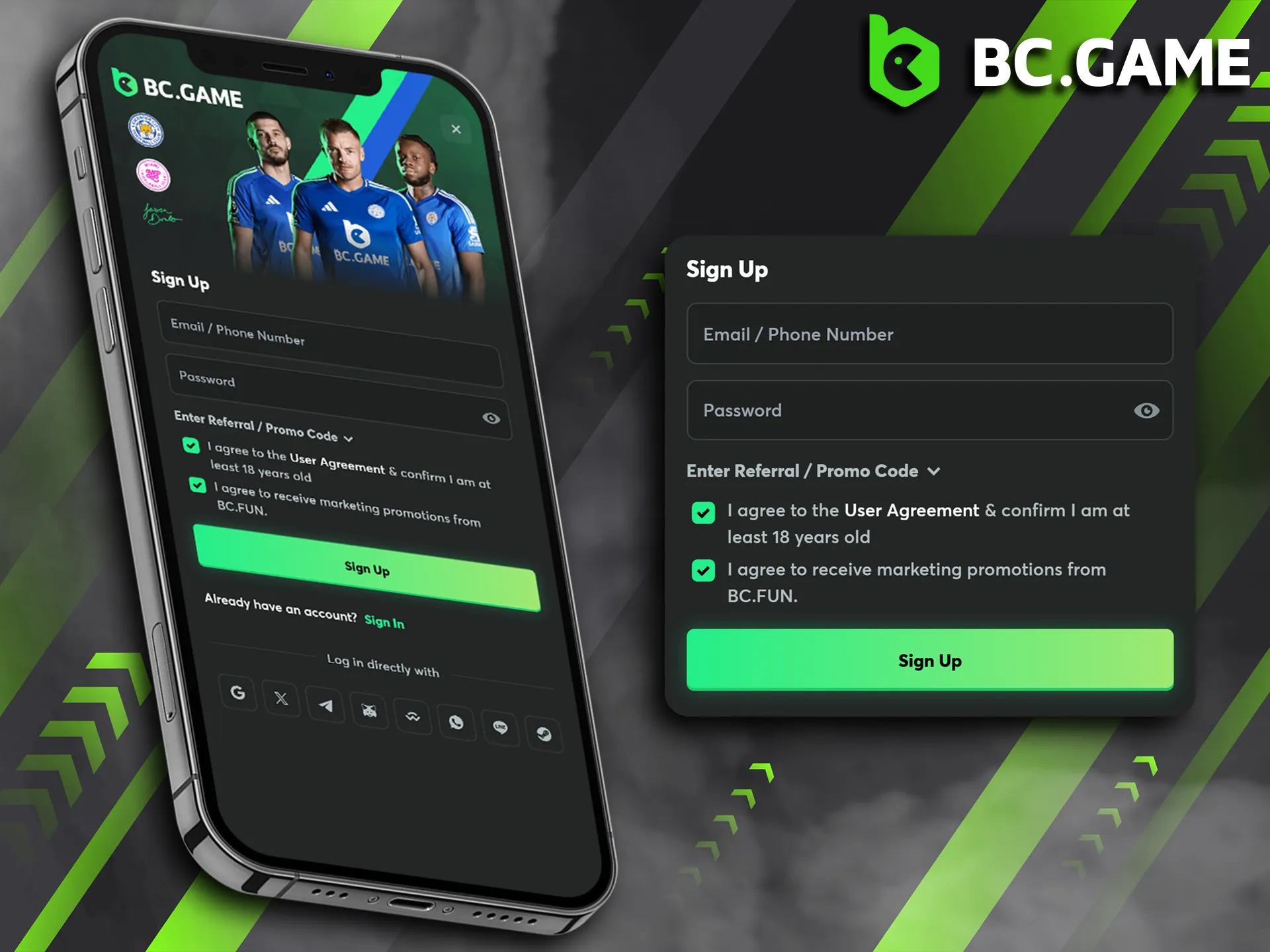 You can also sign up for BC Game using the mobile app.
