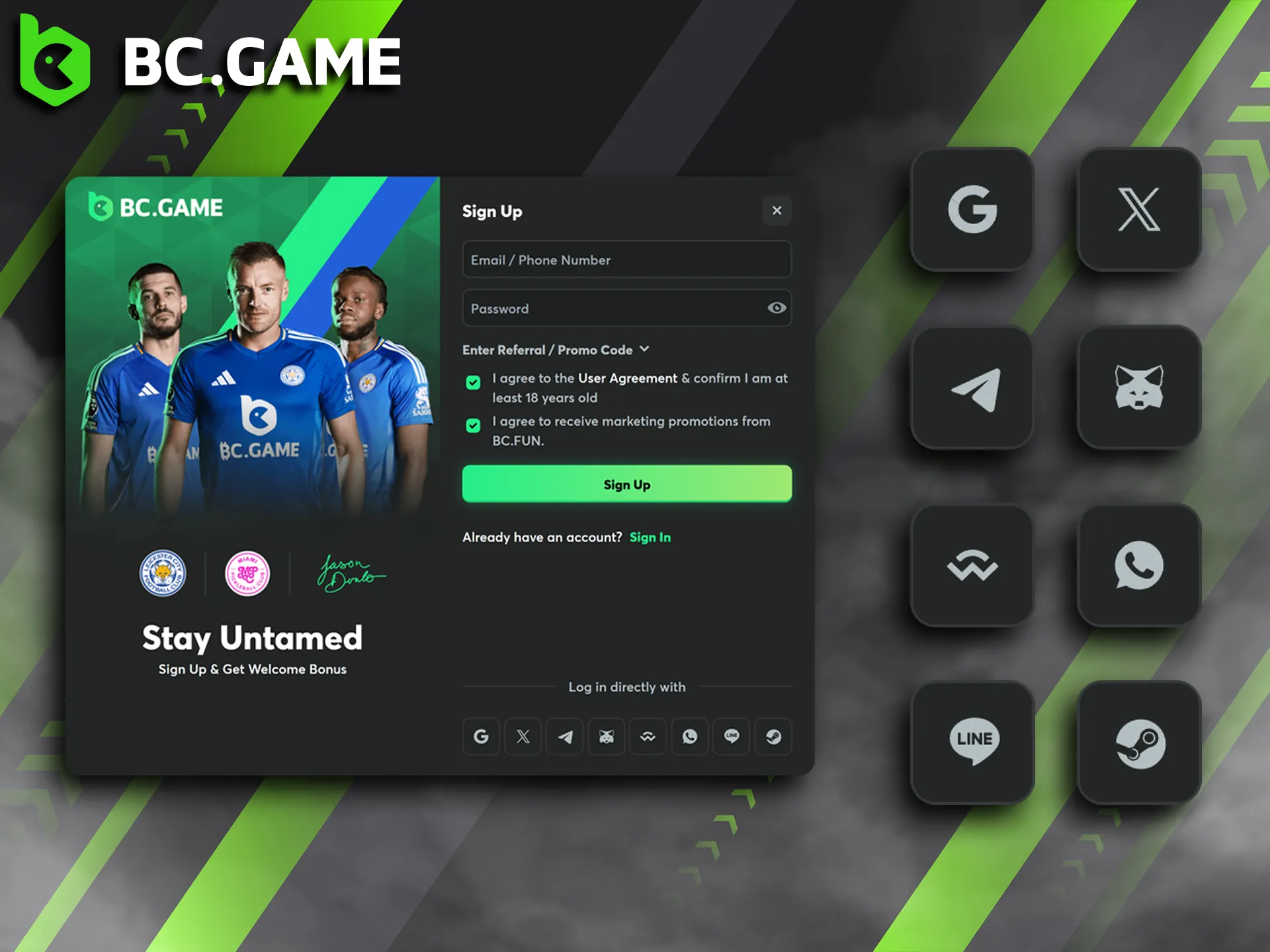 An alternative way to sign up for BC Game is to log in via social media.