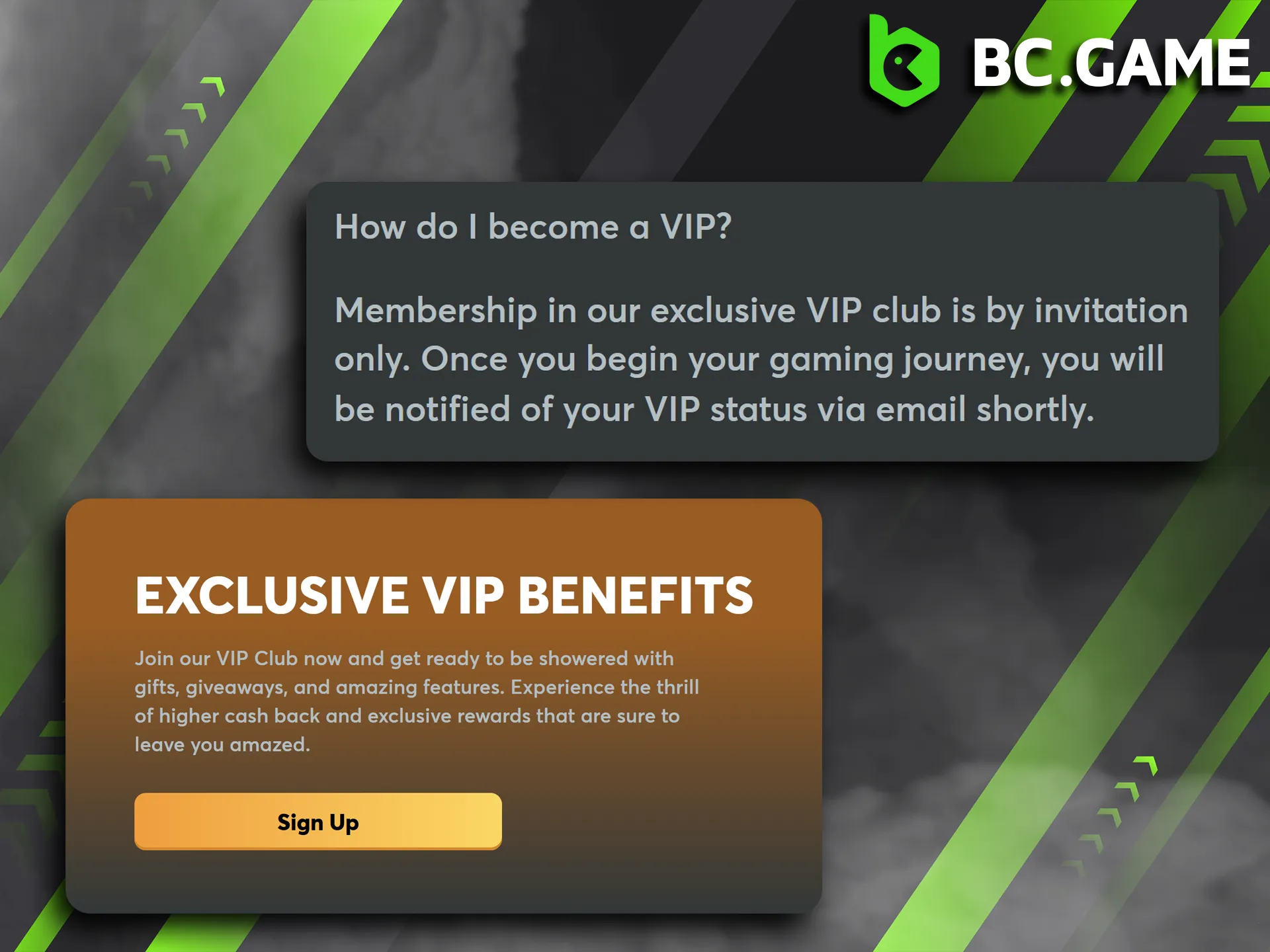 Play, level up and get an invitation to the BC Game VIP Club.