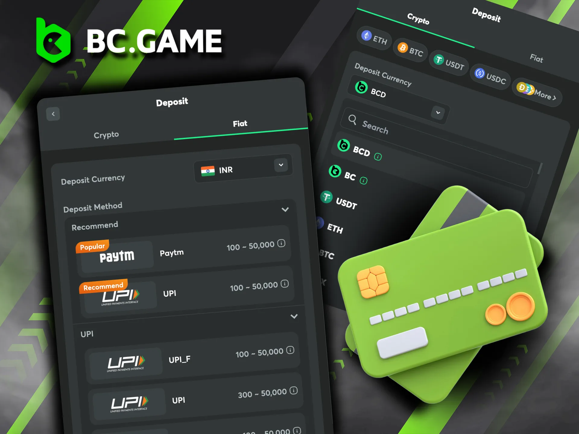 Deposit funds into your BC Game account easily with Crypto or Fiat options.