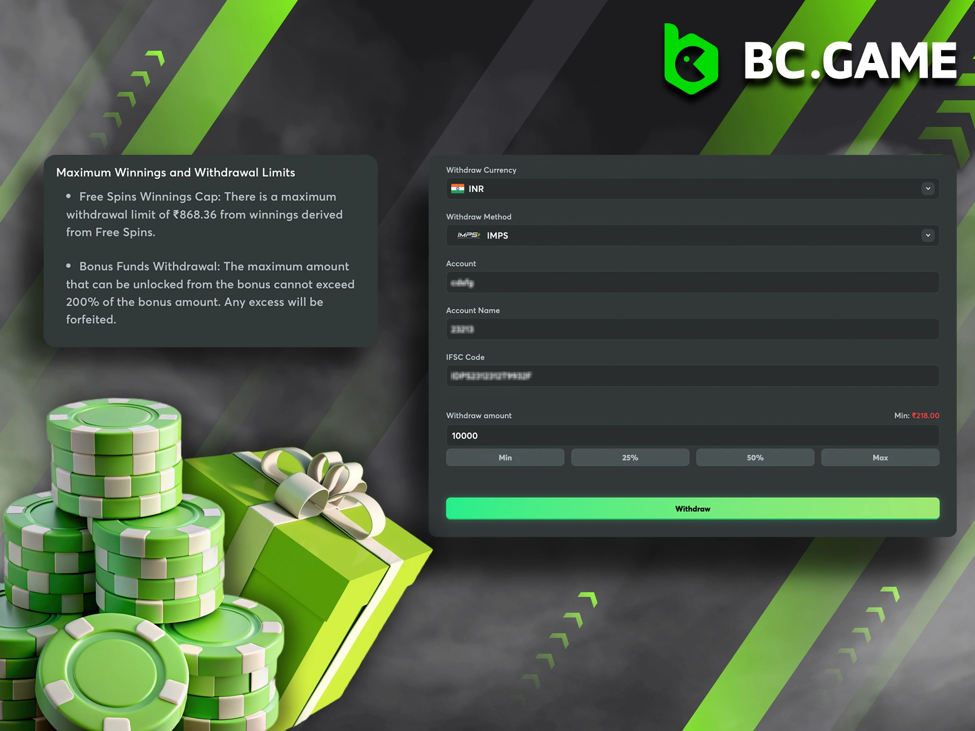 Win with BC Game bonuses and withdraw using any method.