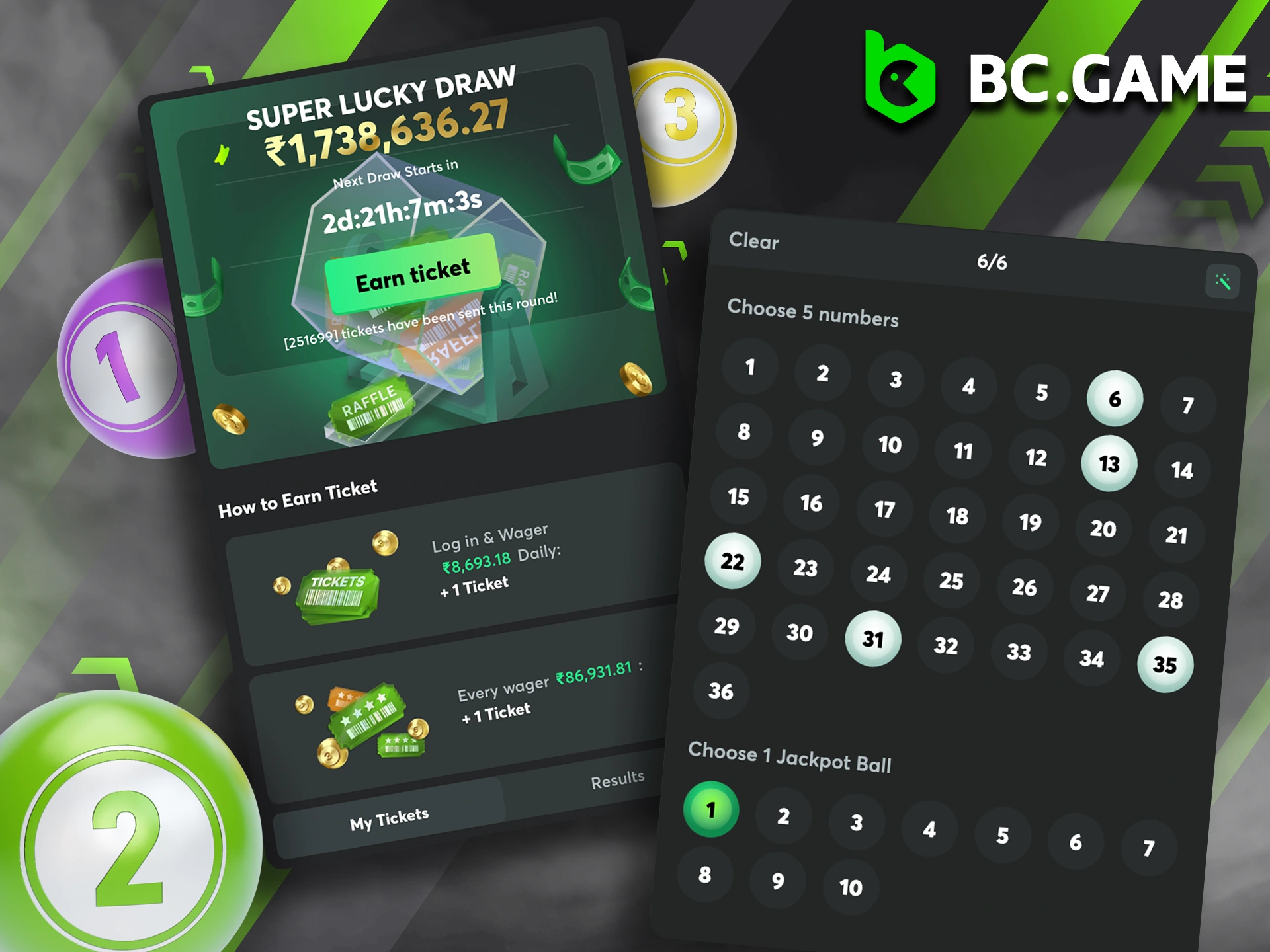 Choose your lucky numbers and play BC Game lotteries.