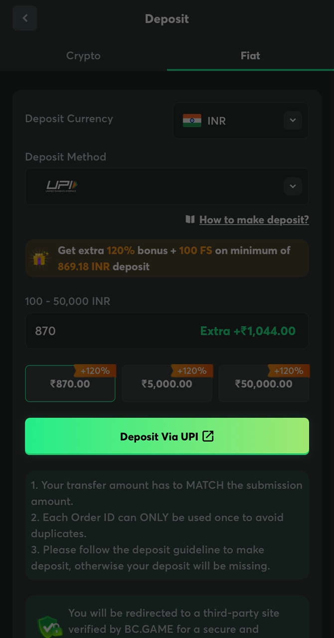 Complete your deposit and start playing together with BC Game.