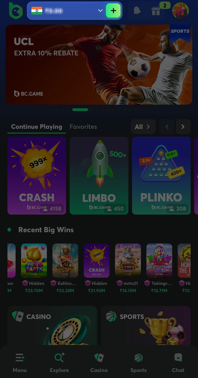 Click on the deposit button at the top of the BC Game page.