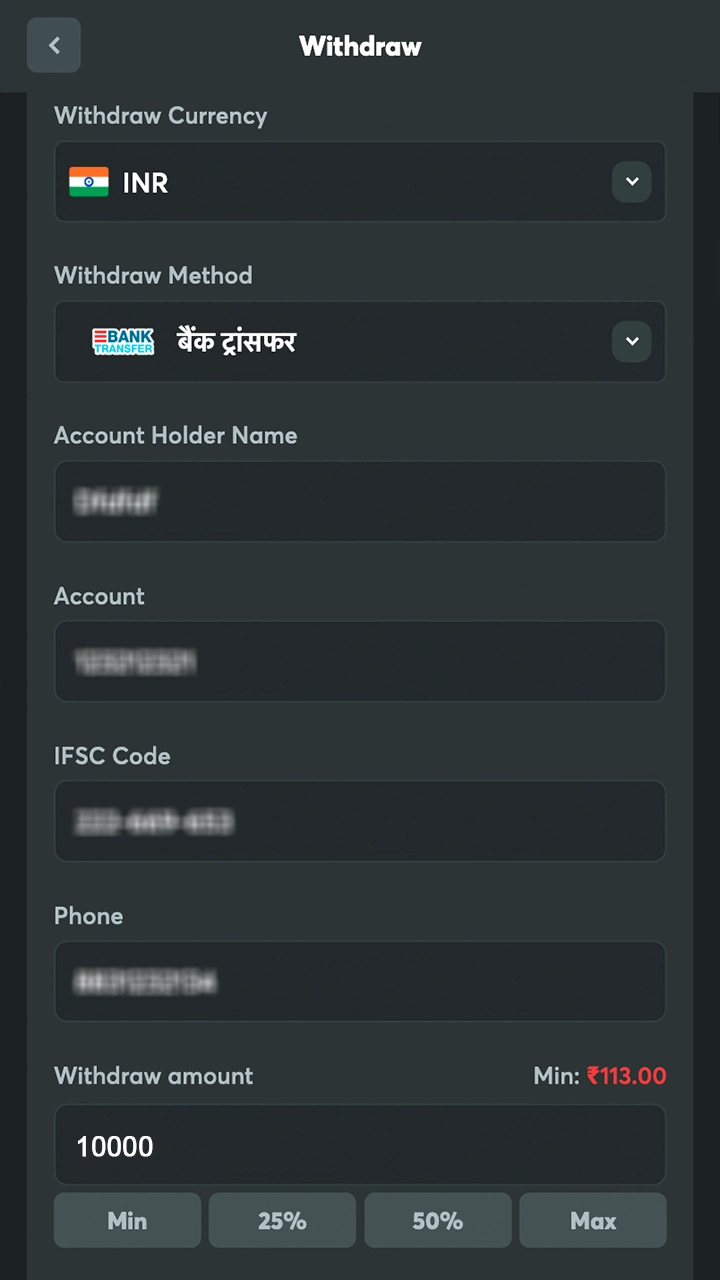 Fill in the required fields of the BC Game withdrawal form.
