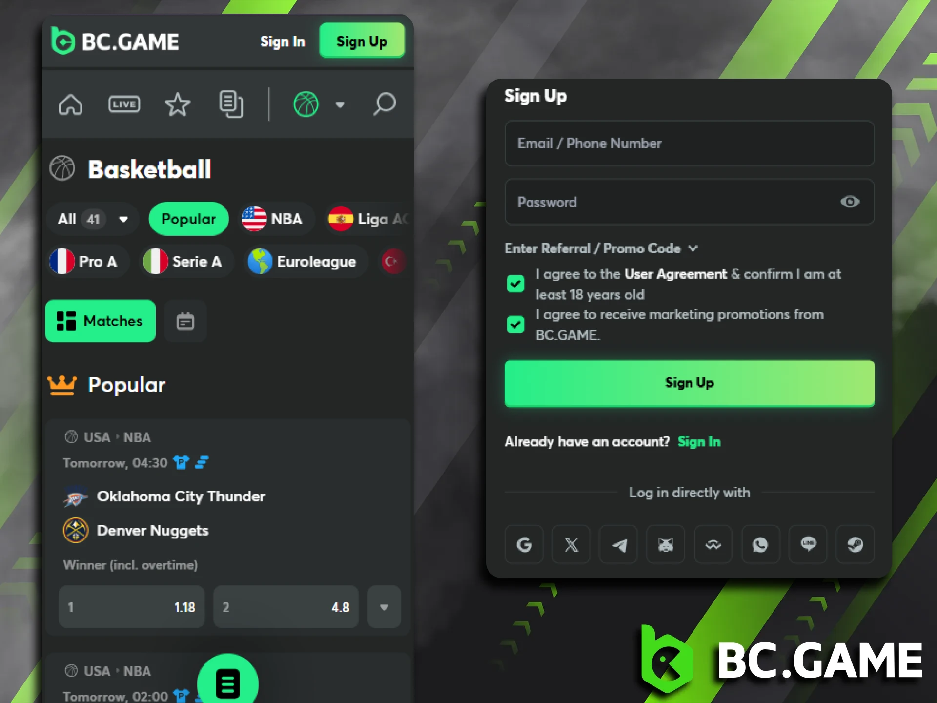 Download the BC Game app to your device to bet on basketball.
