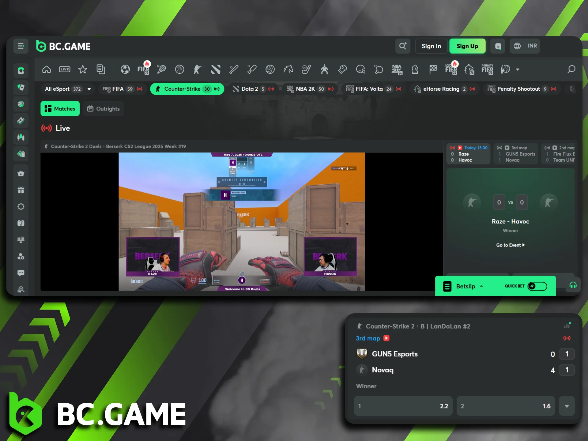 In the eSports section, BC Game offers Counter Strike 2 for betting.