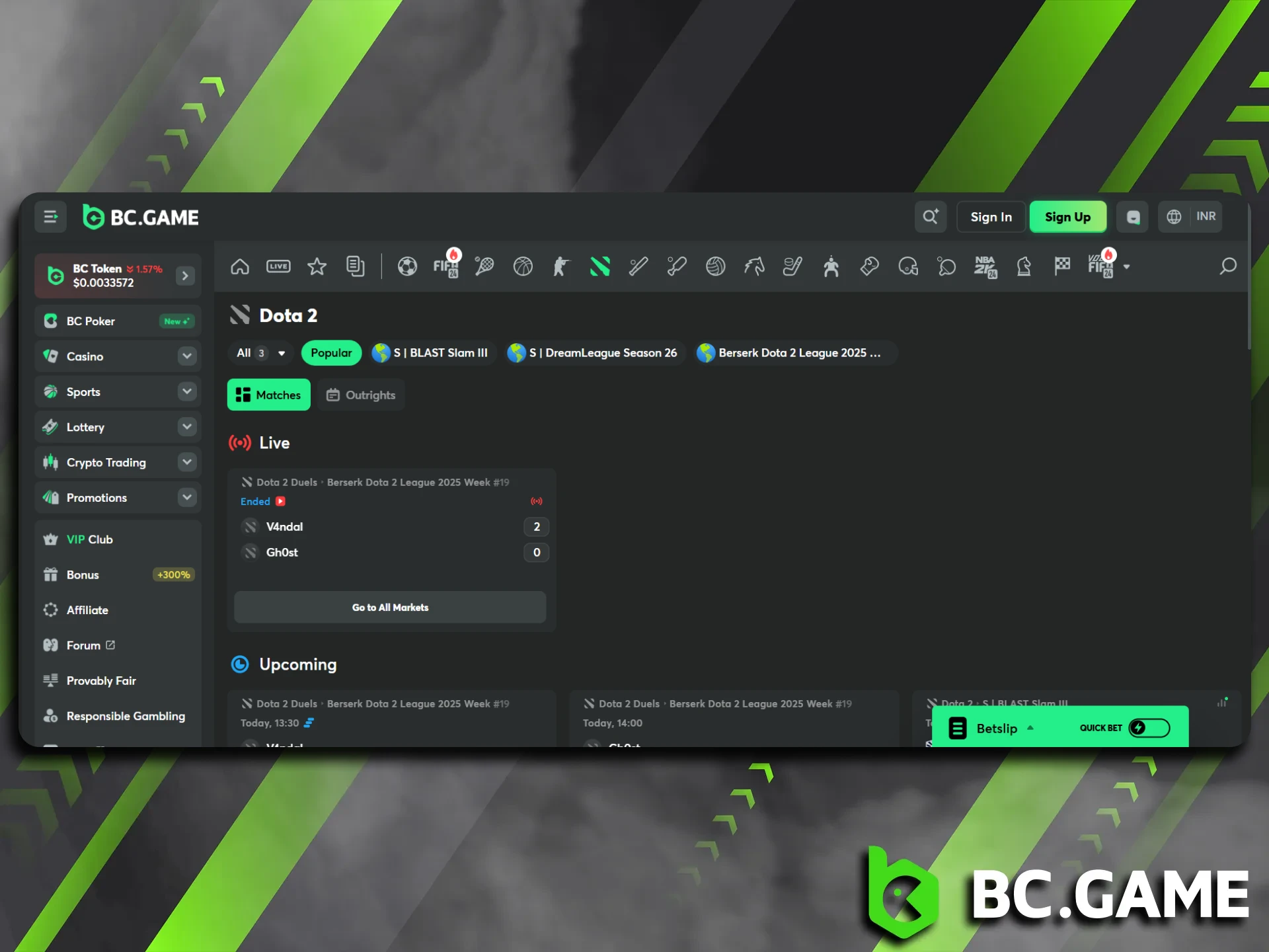 Choose a Dota 2 match to bet on at BC Game.