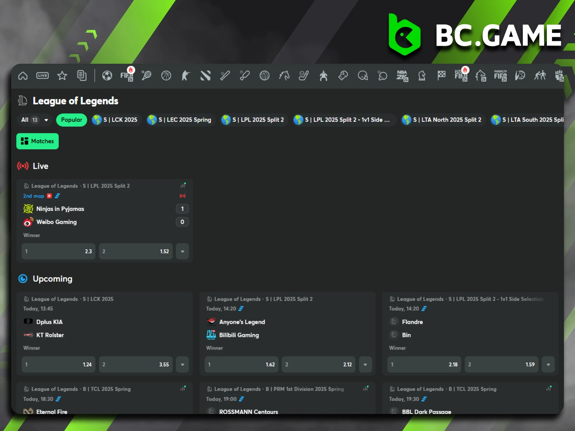 League of Legends is available for betting at BC Game.