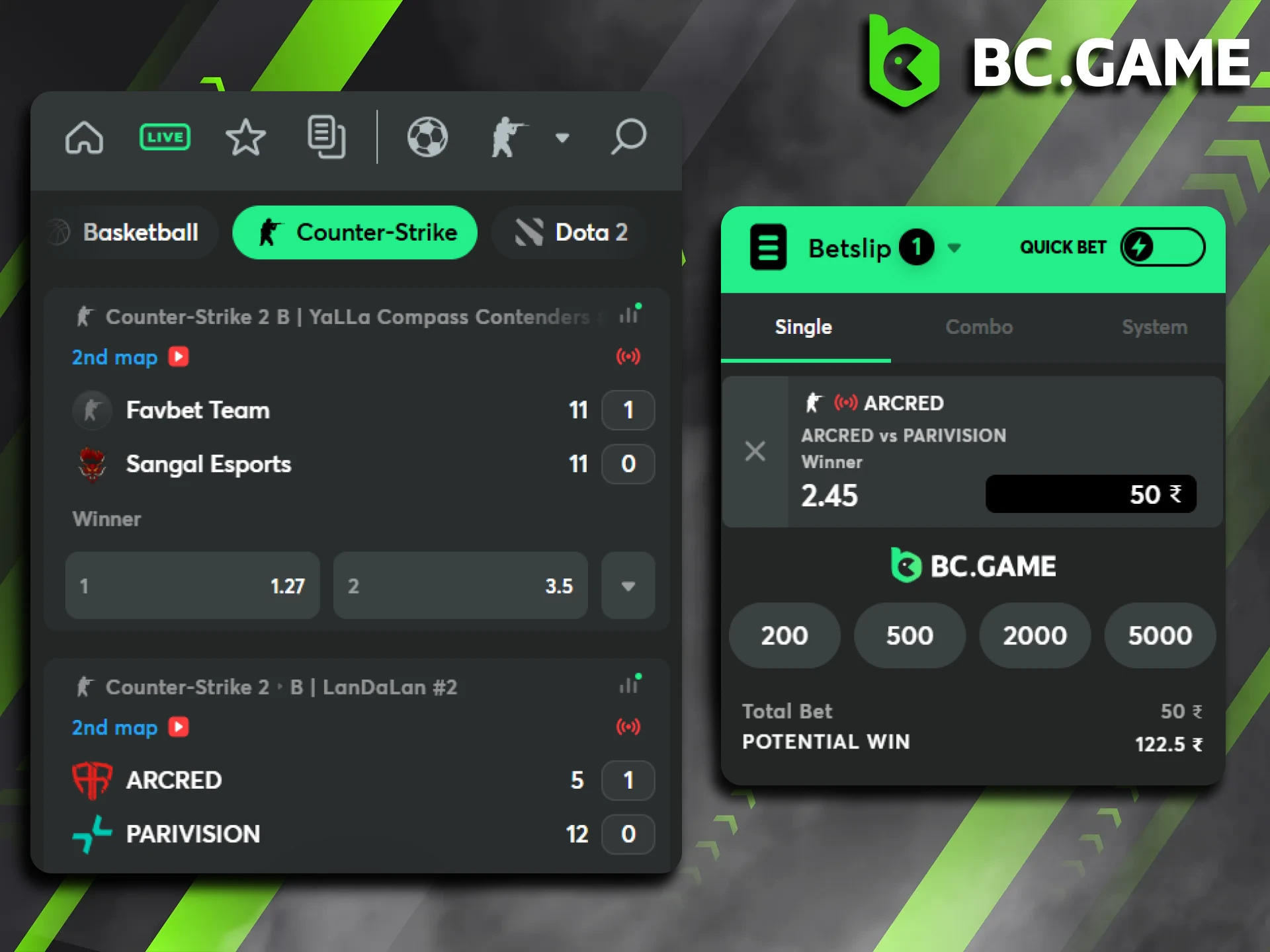 BC Game offers a live betting option for the eSports section.