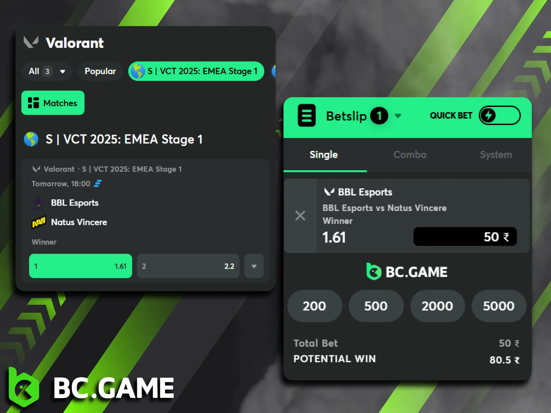 You can place a bet on Valorant on the BC Game website.
