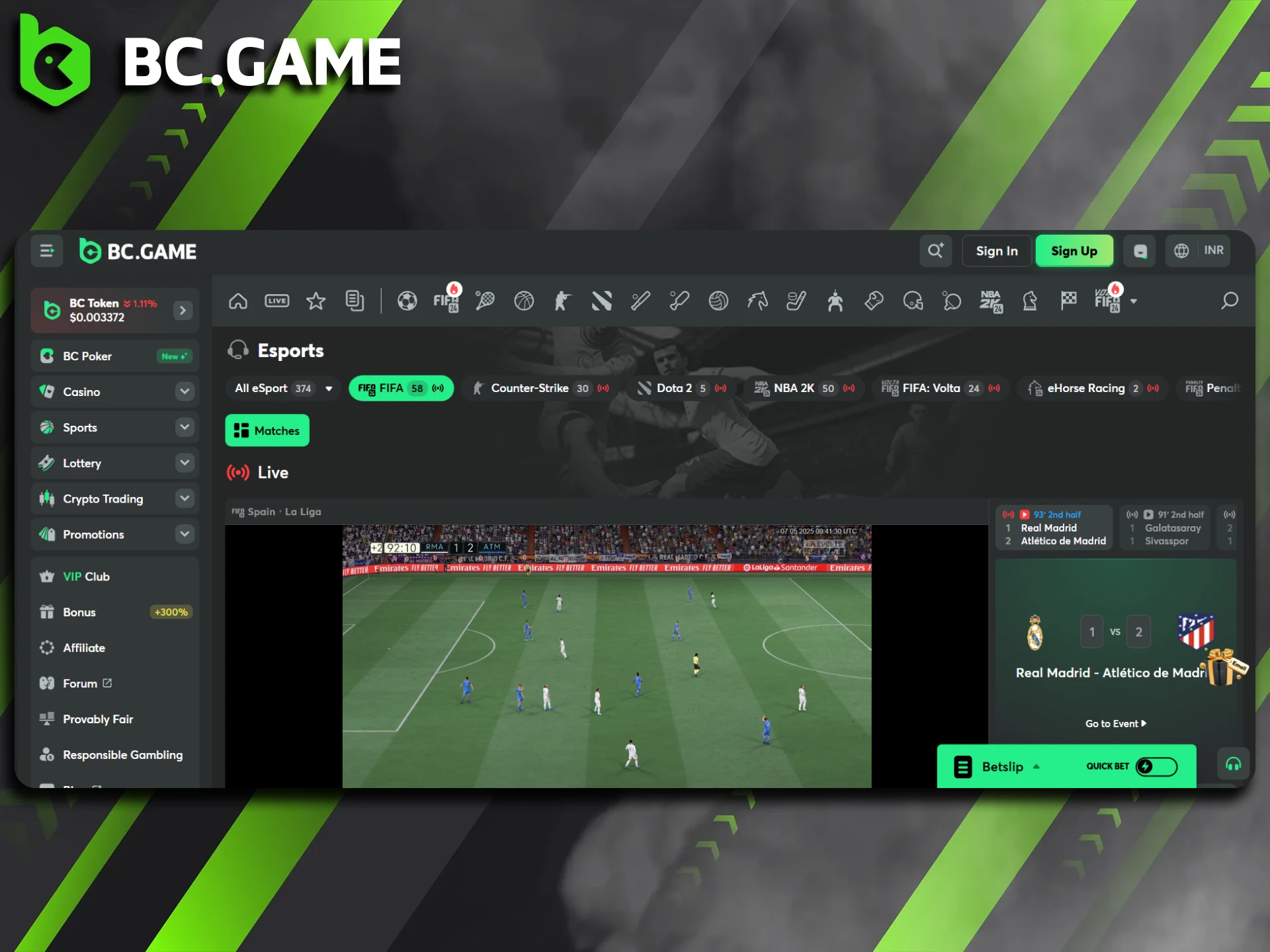 Learn more about the eSports section available at BC Game.