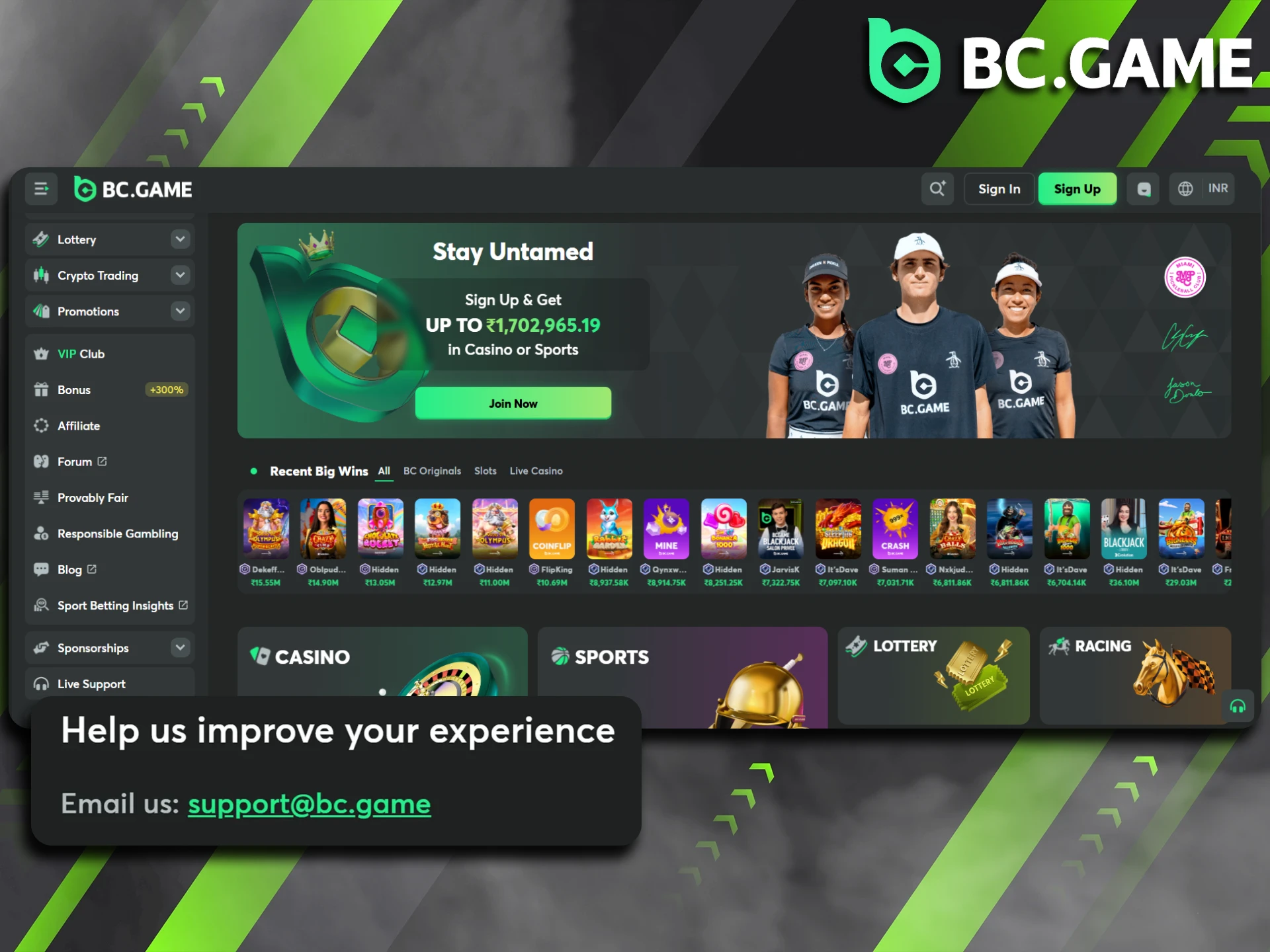 Contact BC Game's customer support team via email.