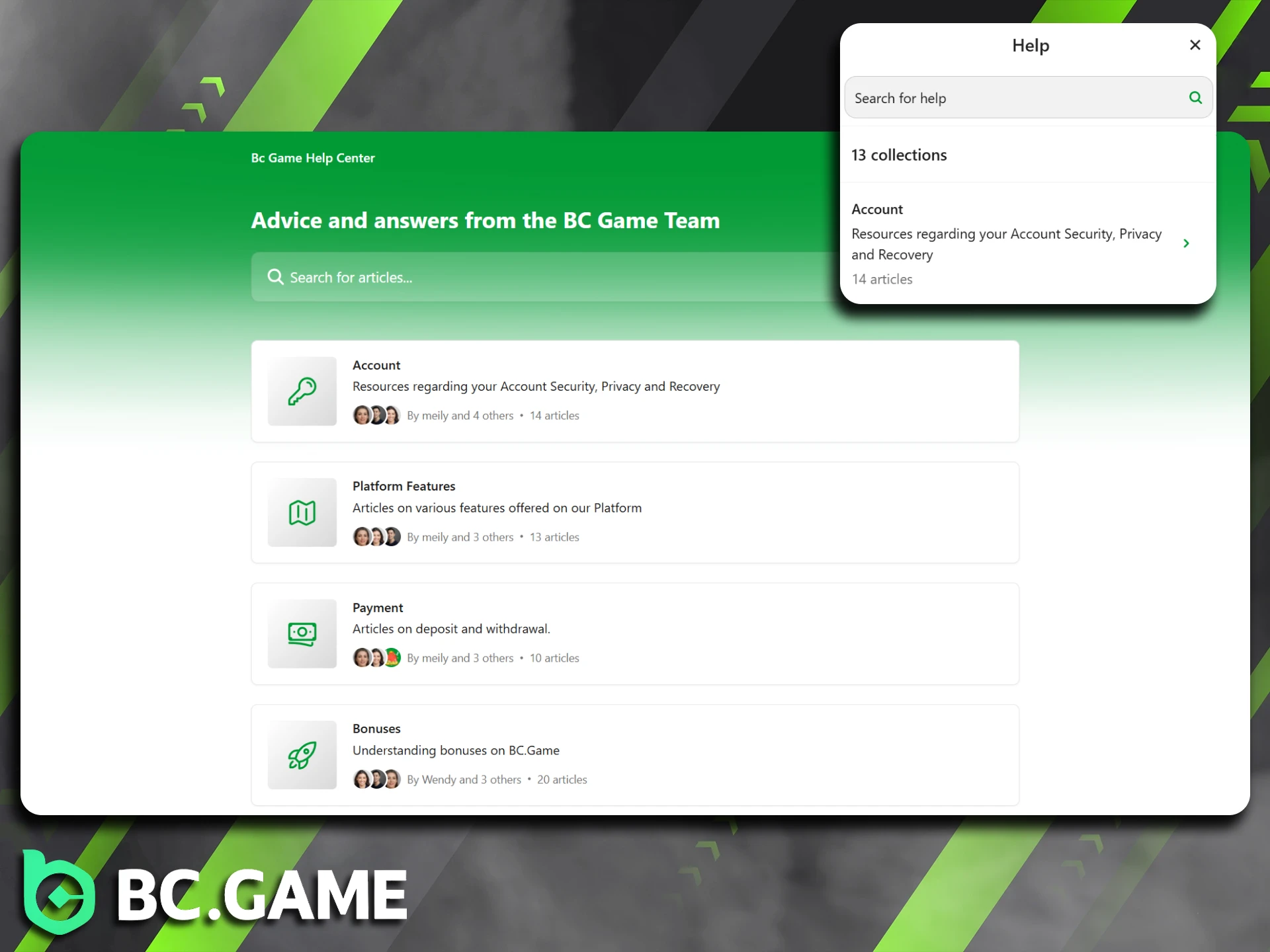 Search for answers at BC Game's help center.