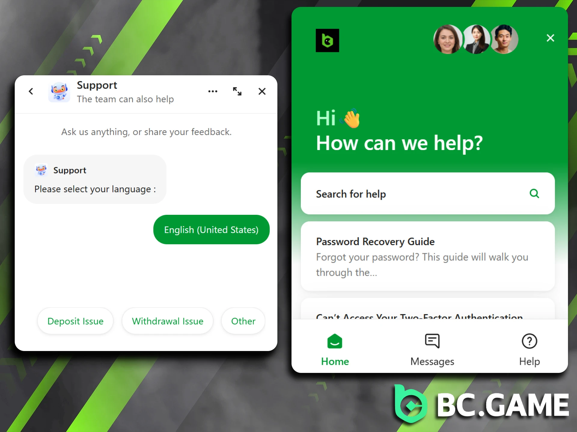 Live chat is available on the BC Game website.