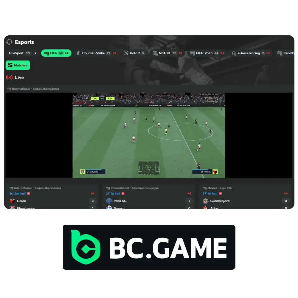 The eSports section on the BC Game website features a variety of video games to bet on.