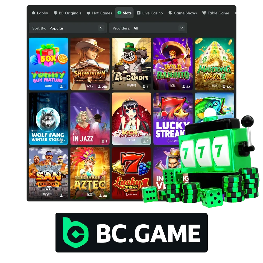 BC Game offers a diverse selection of slots, from classic favorites to jackpot games.