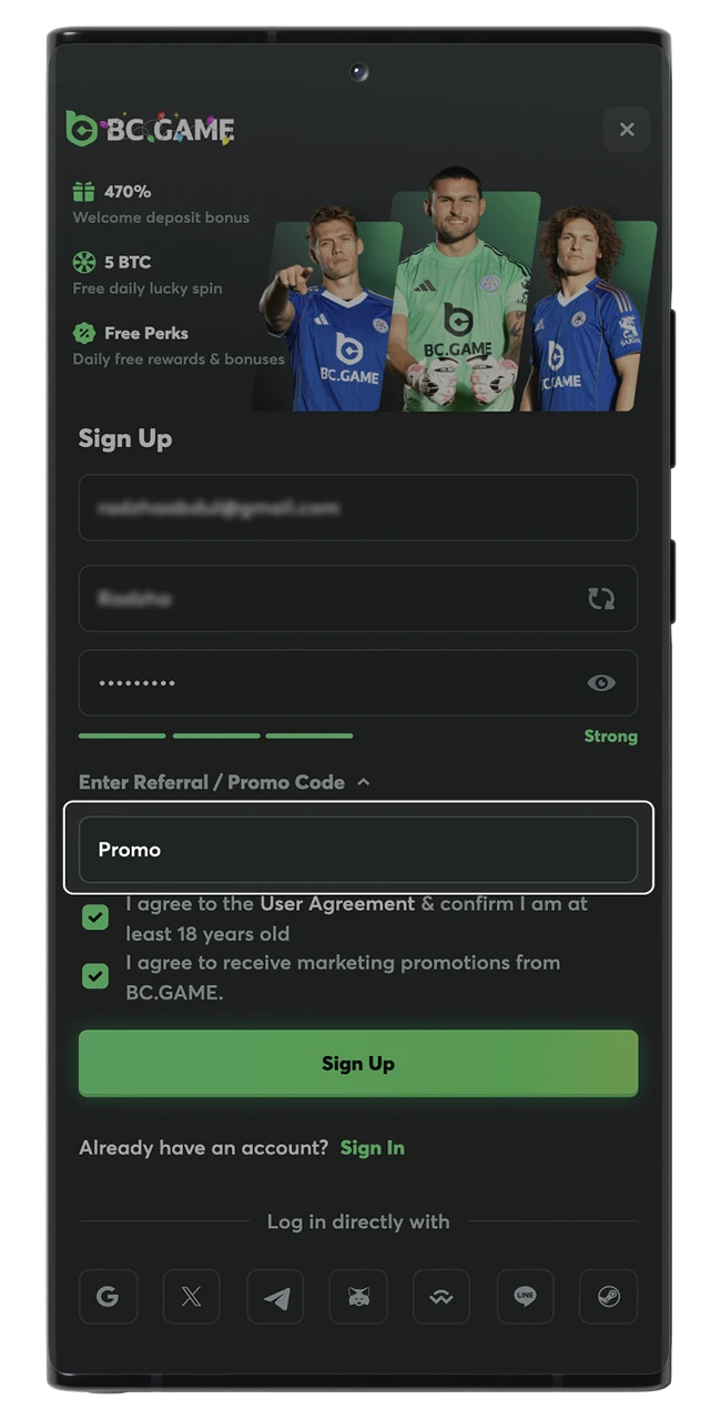 Enter a promo or referral code for BC Game.