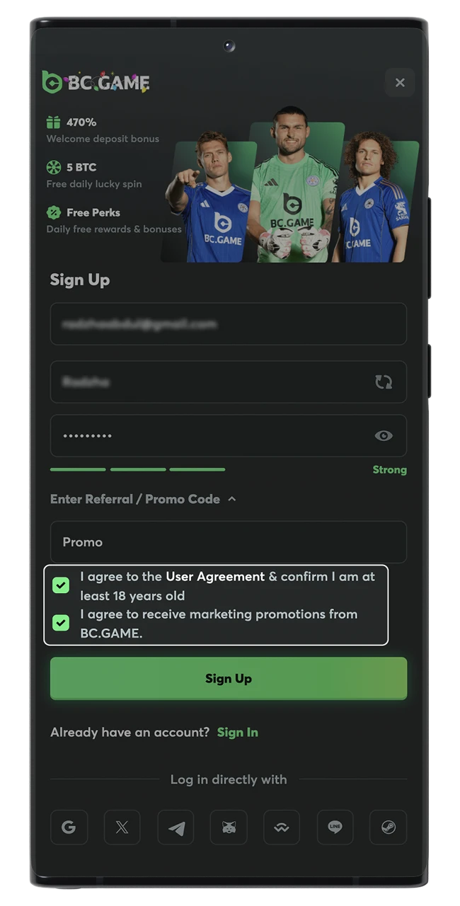 Confirm your age and agree to BC Game's terms and conditions.