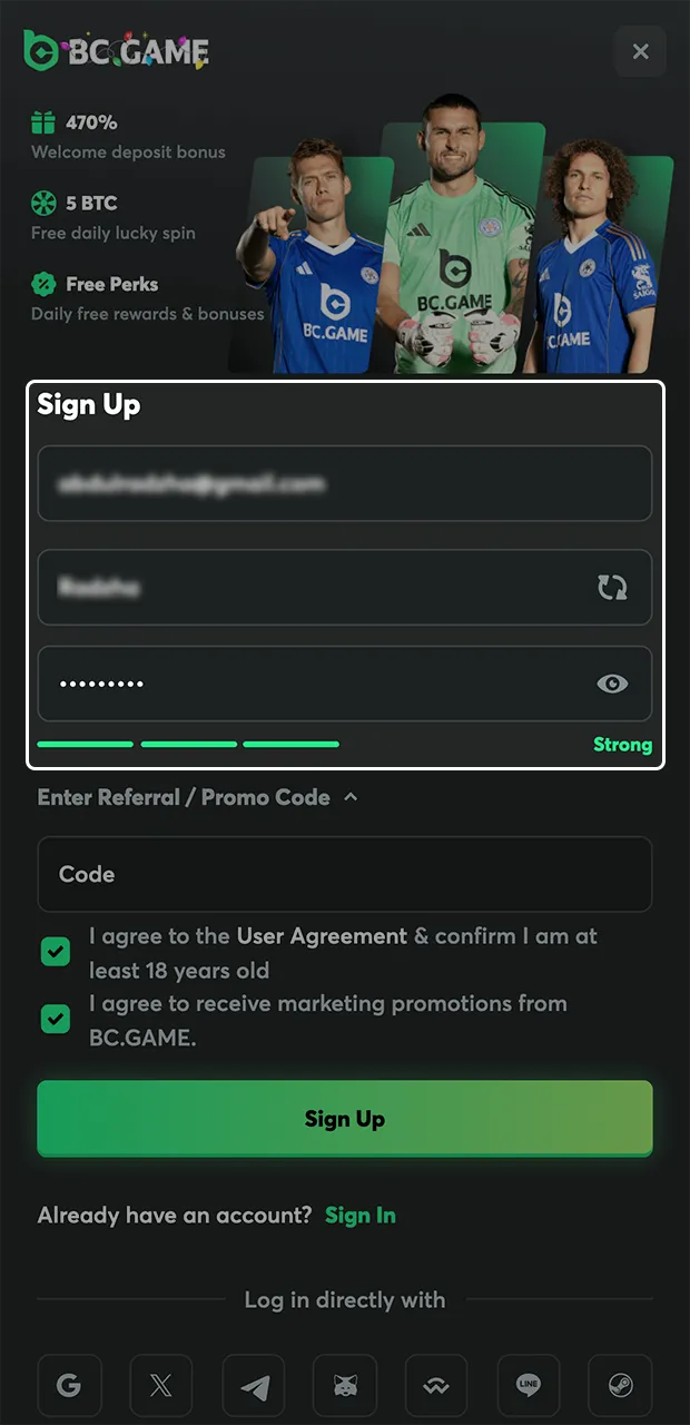 Fill in the fields required to register for the BC Game.