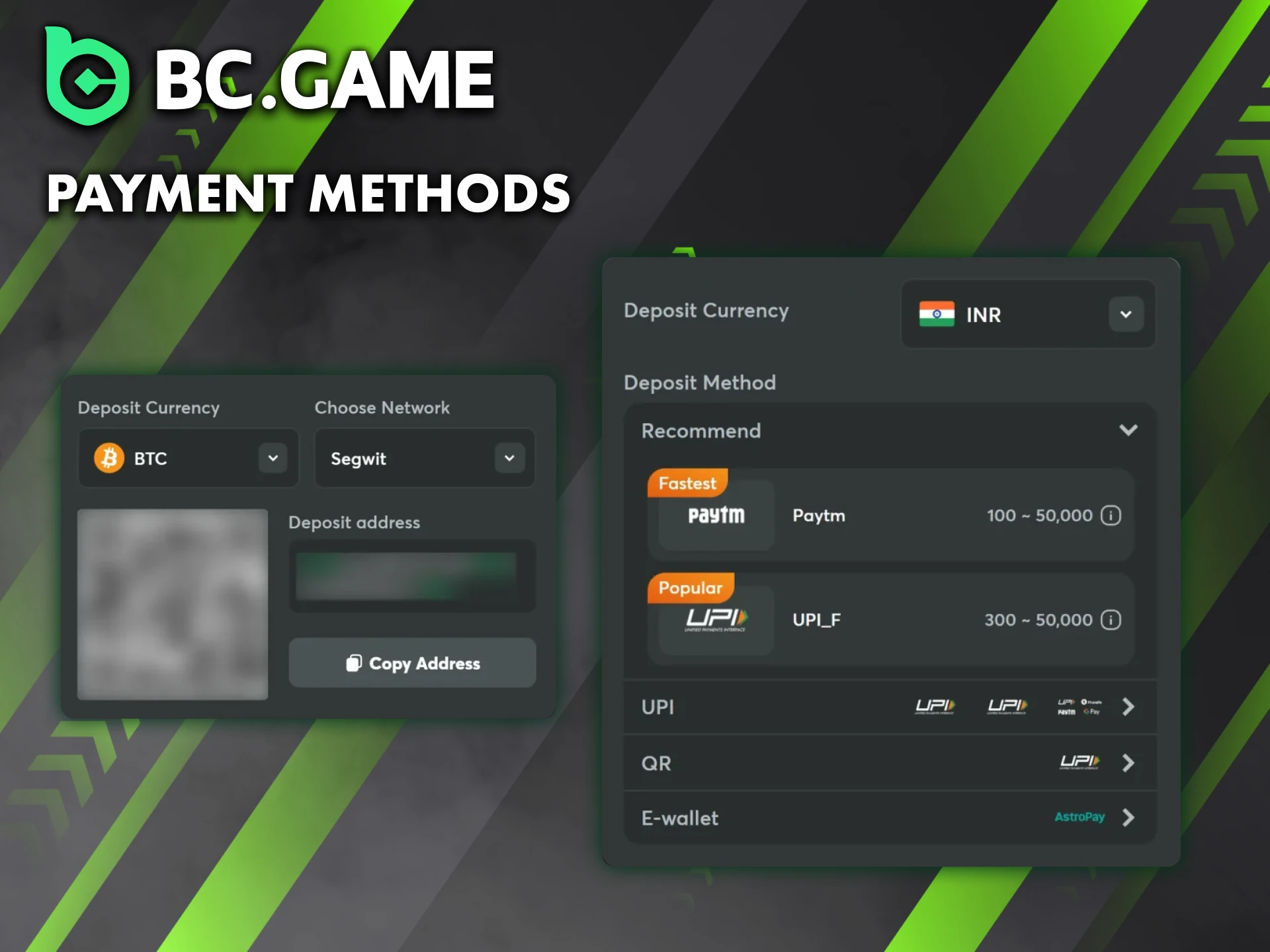 The BC Game mobile app supports all the same payment methods as the desktop version.
