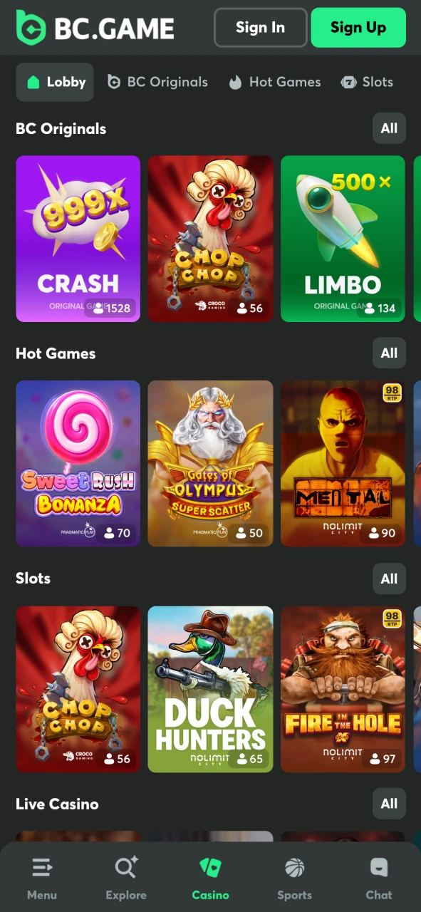 The casino section of the BC Game.