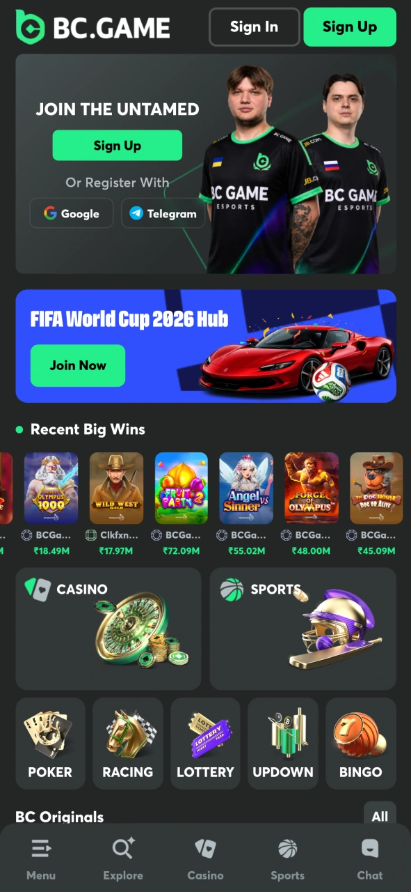BC Game's main page.