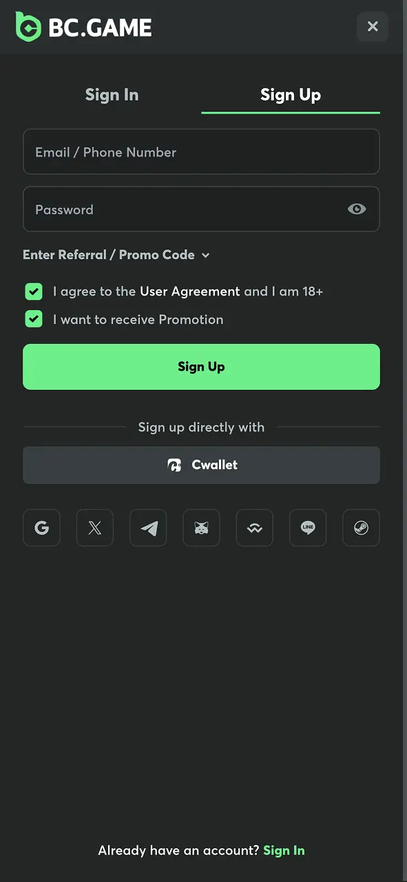 BC Game registration form.