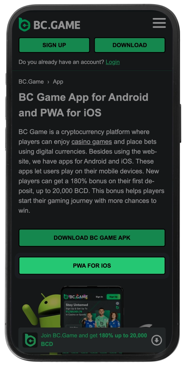 Find the PWA for iOS button to install the BC Game web app.