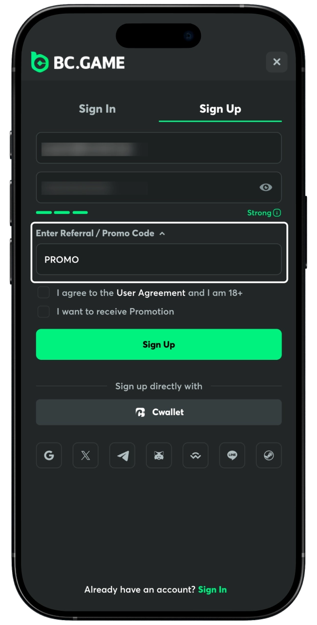 Enter a promo or referral code for BC Game.