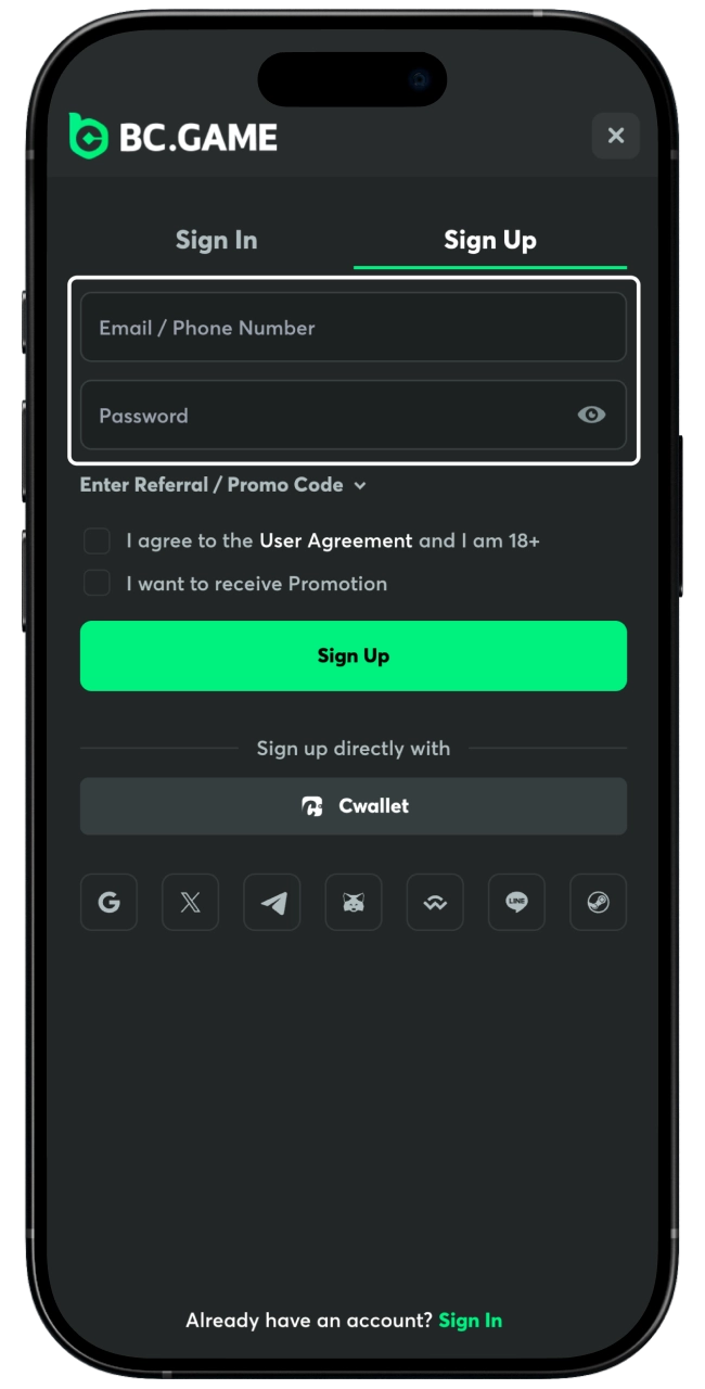 Make up a login and password for your BC Game account.